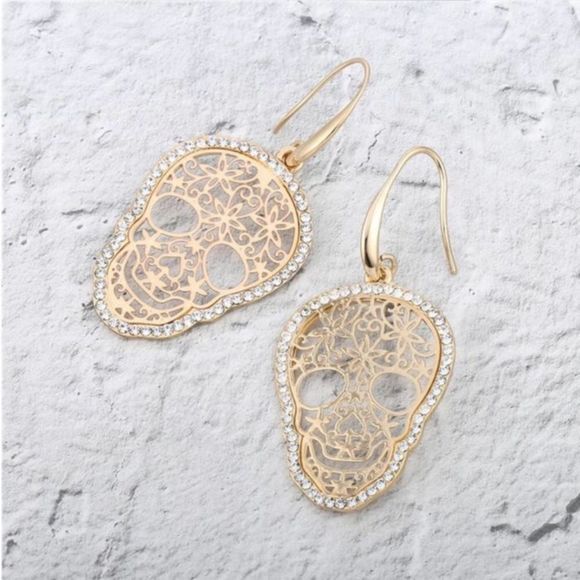 Jewelry - 💜 NEW crystal trimmed sugar skull earrings gold